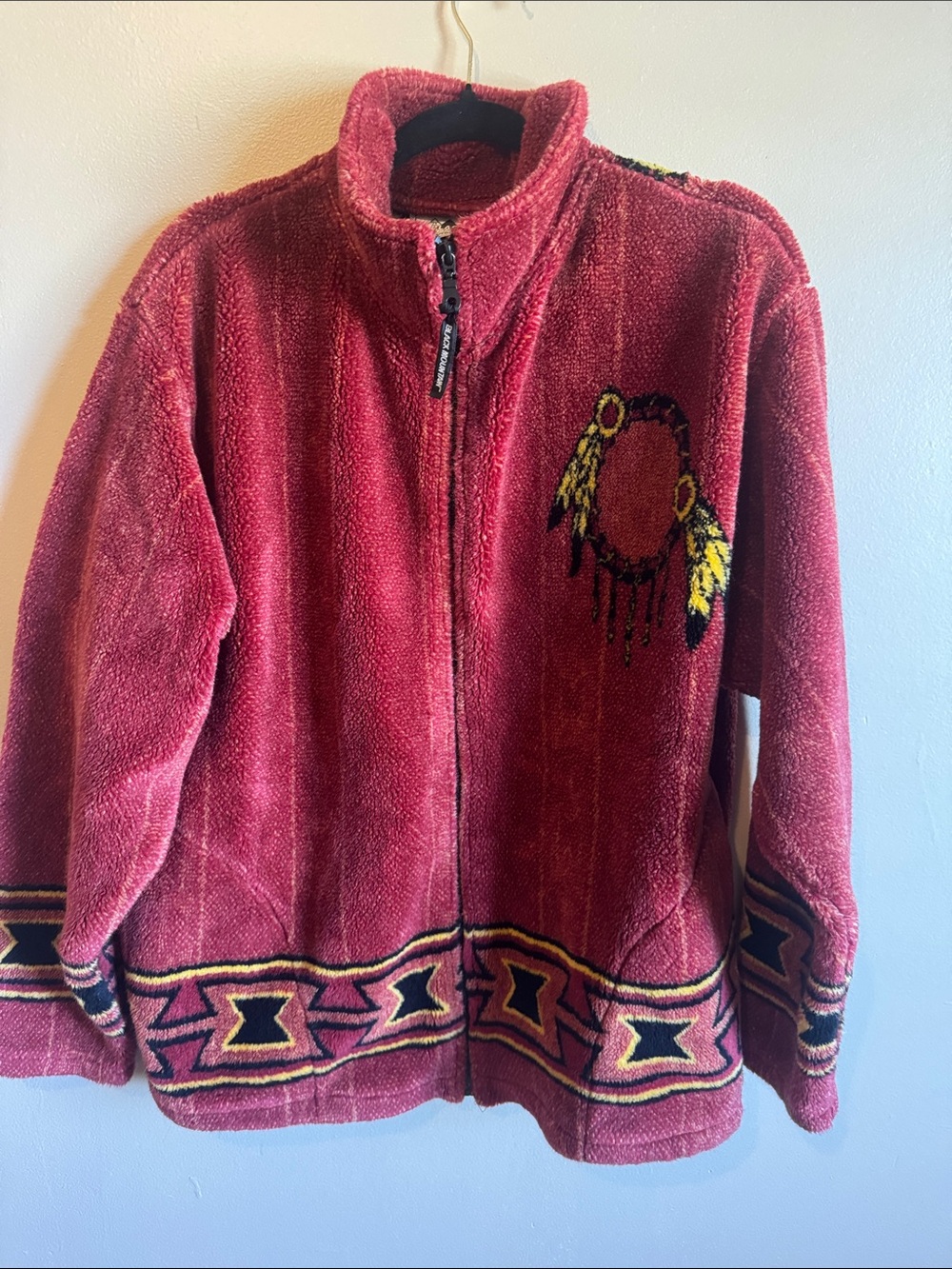 Red Fleece Zip-Front Jacket with Native Motif